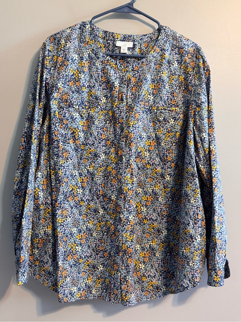 J.Jill Women’s 2X Pima Cotton Tencel Floral Button Front Blouse Blue